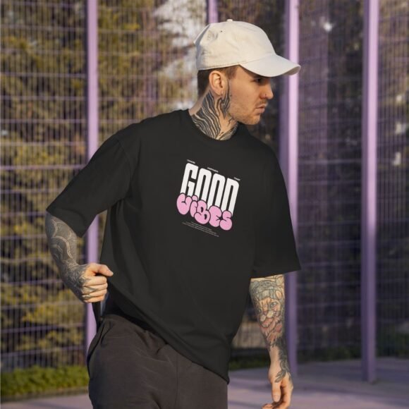"GOOD VIBES" front print in contrasting white and pink. - Image 2
