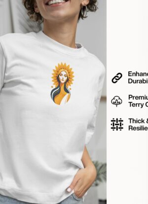 Crisp white with vibrant sun goddess graphic on the front