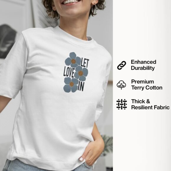White t-shirt with floral "Let Love In" front graphic - Image 3