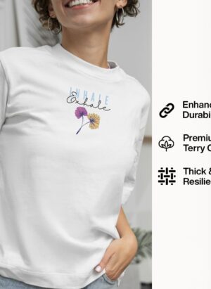 Classic white with a calming “Inhale Exhale” floral graphic