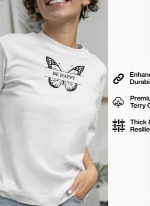 Crisp white with a black “Be Happy” butterfly print