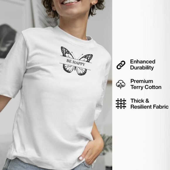 Crisp white with a black “Be Happy” butterfly print - Image 3