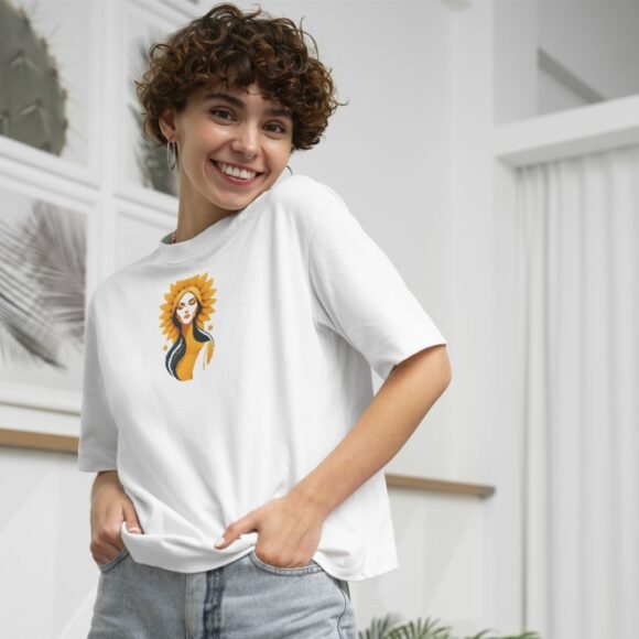 Crisp white with vibrant sun goddess graphic on the front - Image 2