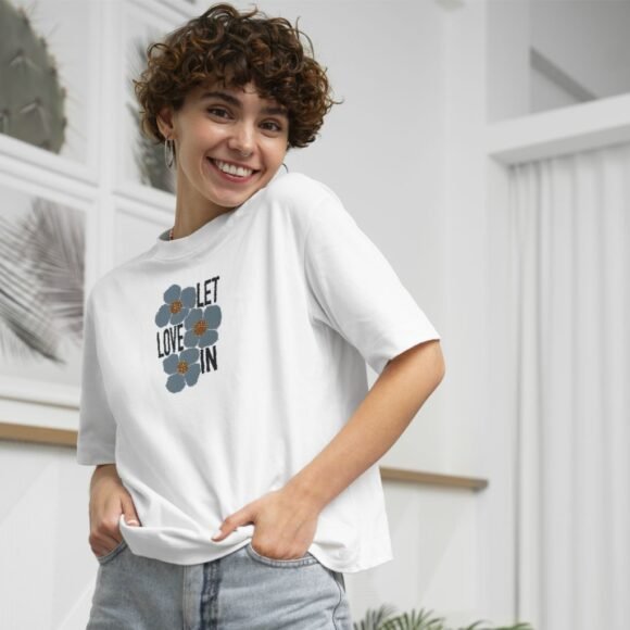White t-shirt with floral "Let Love In" front graphic - Image 2