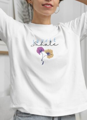 Classic white with a calming “Inhale Exhale” floral graphic