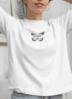 Crisp white with a black “Be Happy” butterfly print