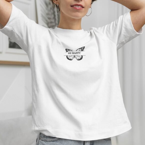 Crisp white with a black “Be Happy” butterfly print - Image 4