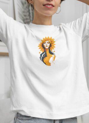 Crisp white with vibrant sun goddess graphic on the front
