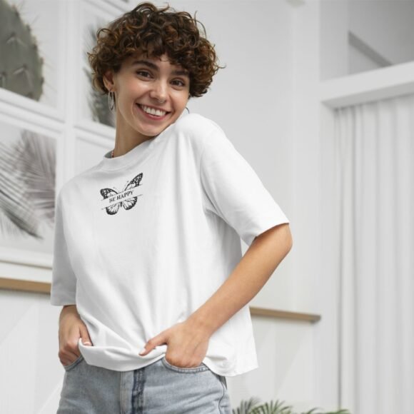 Crisp white with a black “Be Happy” butterfly print - Image 2