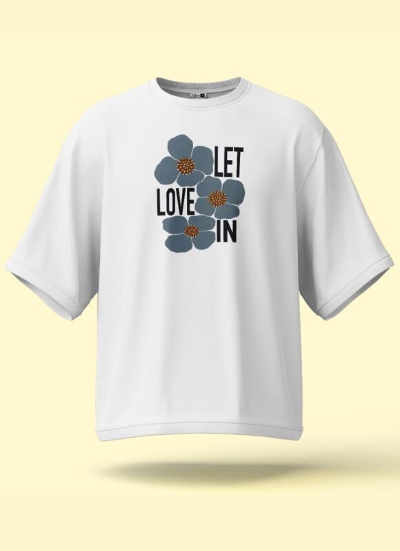 White t-shirt with floral "Let Love In" front graphic