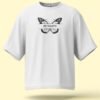 Crisp white with a black “Be Happy” butterfly print