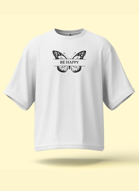 Crisp white with a black “Be Happy” butterfly print