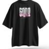 "GOOD VIBES" front print in contrasting white and pink.