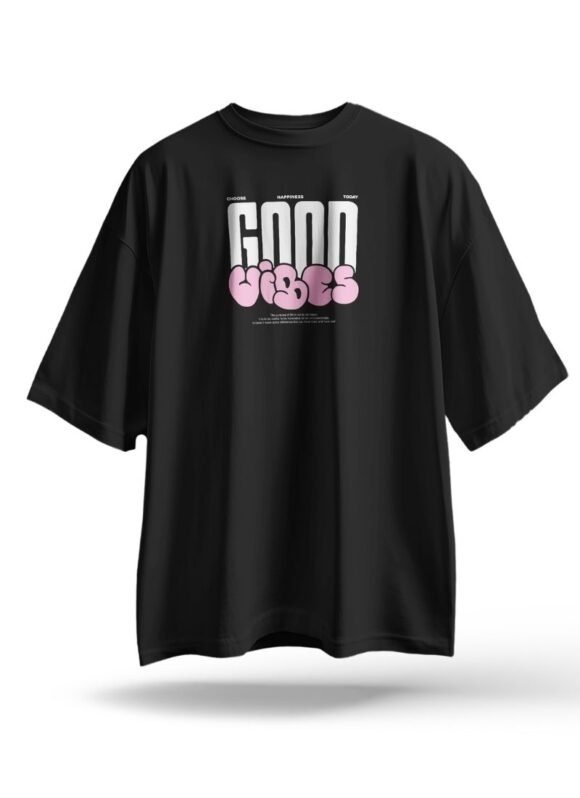 "GOOD VIBES" front print in contrasting white and pink.
