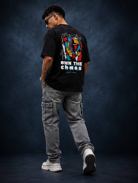 Model from behind in the black Abstract Soul oversized T-shirt, red yellow and cyan cubist face print in view