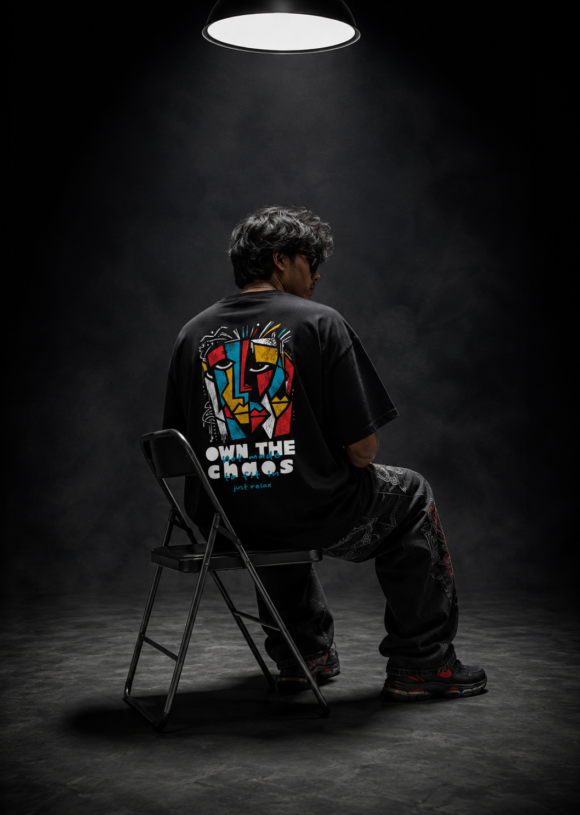Studio shot of the black Abstract Soul oversized T-shirt back print under a single overhead light