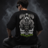 Back of the black Darkside Ronin oversized T-shirt showing the samurai helmet, skull and filigree wings in grey and lime