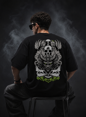 Back of the black Darkside Ronin oversized T-shirt showing the samurai helmet, skull and filigree wings in grey and lime