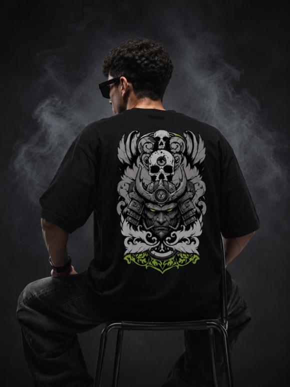 Back of the black Darkside Ronin oversized T-shirt showing the samurai helmet, skull and filigree wings in grey and lime