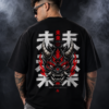 Man wearing the black Half Skull Inferno Oni oversized T-shirt with the horned oni mask and brushed kanji back print