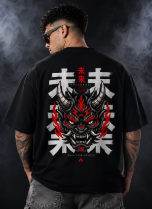 Man wearing the black Half Skull Inferno Oni oversized T-shirt with the horned oni mask and brushed kanji back print