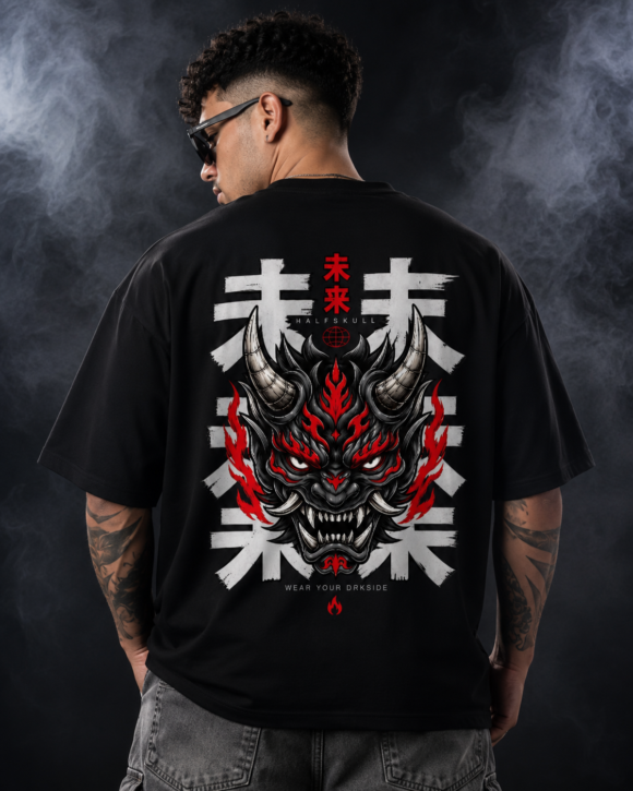 Man wearing the black Half Skull Inferno Oni oversized T-shirt with the horned oni mask and brushed kanji back print