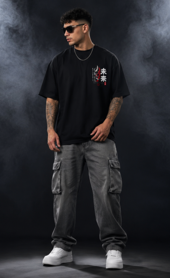 Model wearing the black Inferno Oni oversized T-shirt with the oni and kanji chest print in view