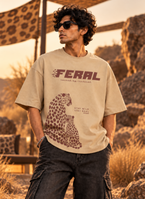 Feral Instinct beige leopard print oversized t-shirt — front view