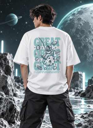 Dream Beyond white astronaut oversized t-shirt — front view